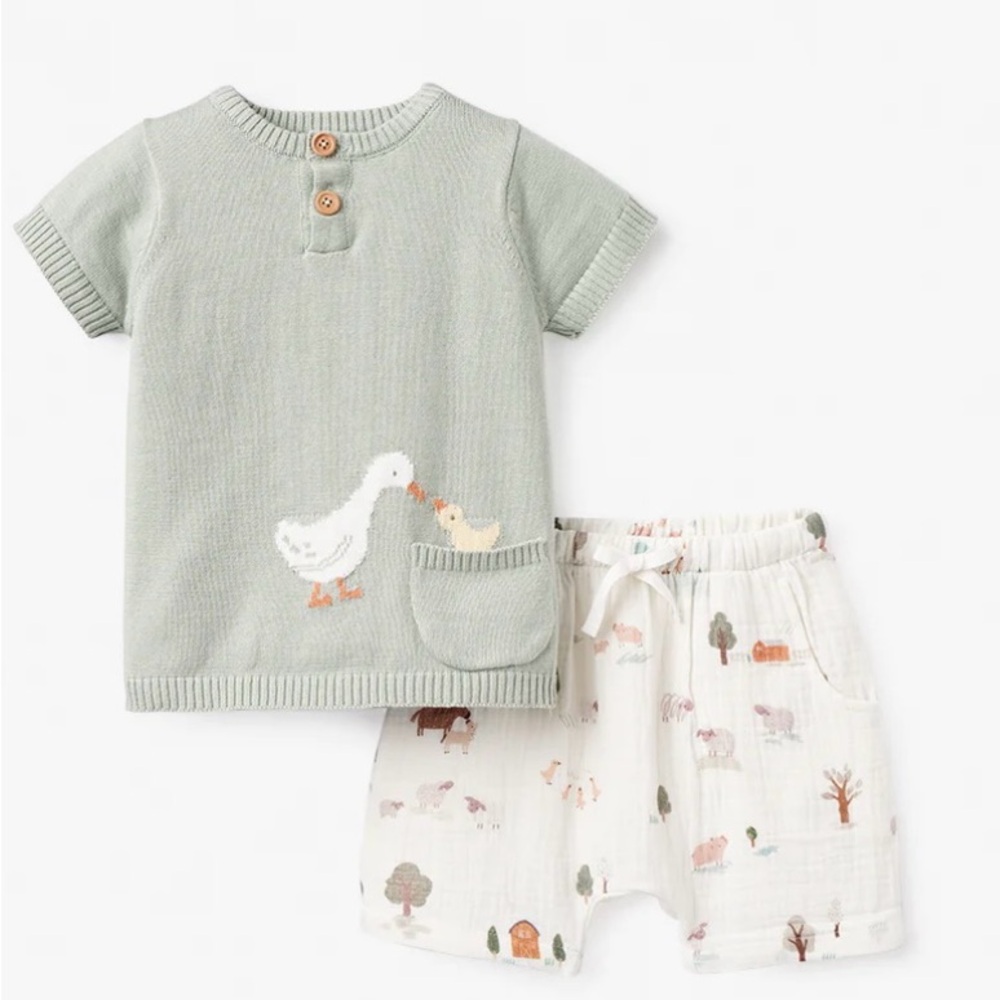 Kids Matching Set with Duck Design - Green and White